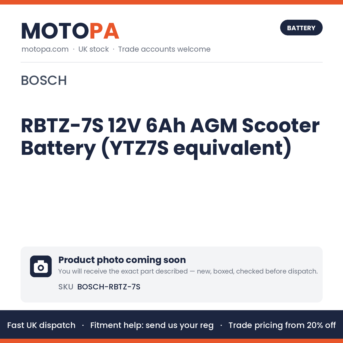 Bosch RBTZ-7S 12V 6Ah AGM Scooter Battery (YTZ7S equivalent) | photo coming soon