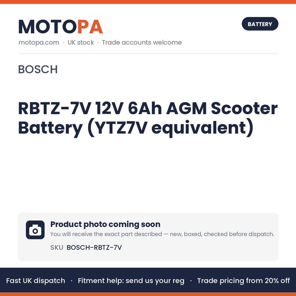 Bosch RBTZ-7V 12V 6Ah AGM Scooter Battery (YTZ7V equivalent) – NMAX 125, PCX 125 | photo coming soon