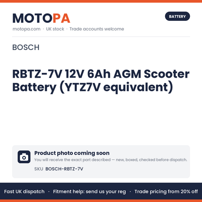 Bosch RBTZ-7V 12V 6Ah AGM Scooter Battery (YTZ7V equivalent) – NMAX 125, PCX 125 | photo coming soon