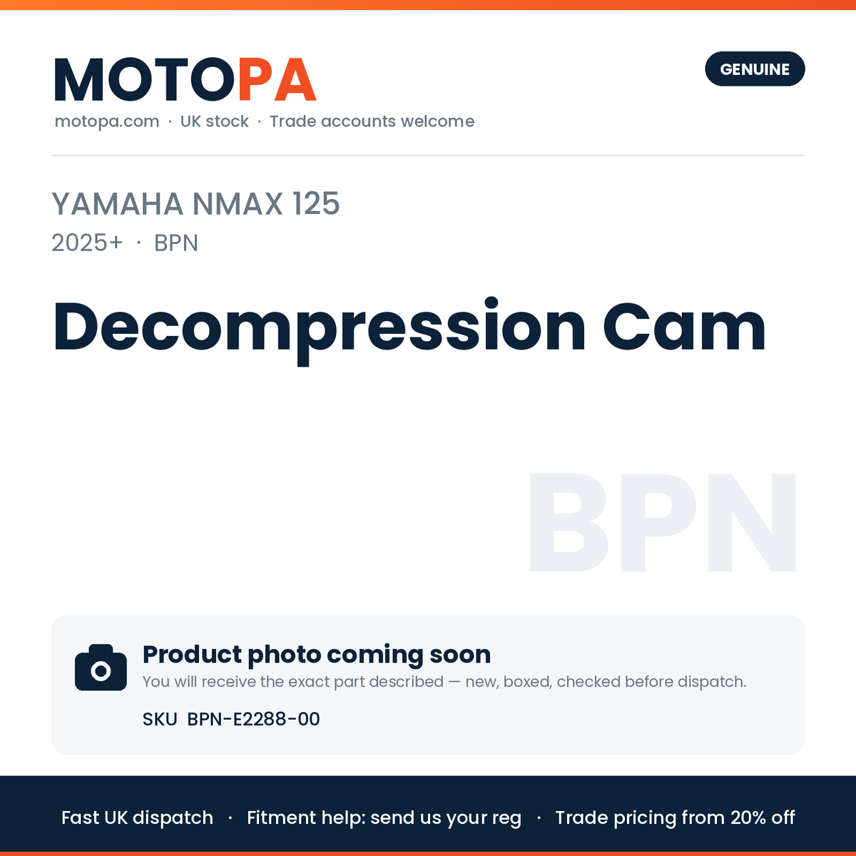 Genuine Yamaha NMAX 125 2025+ Decompression Cam BPN-E2288-00 | SKU BPN-E2288-00 | photo coming soon