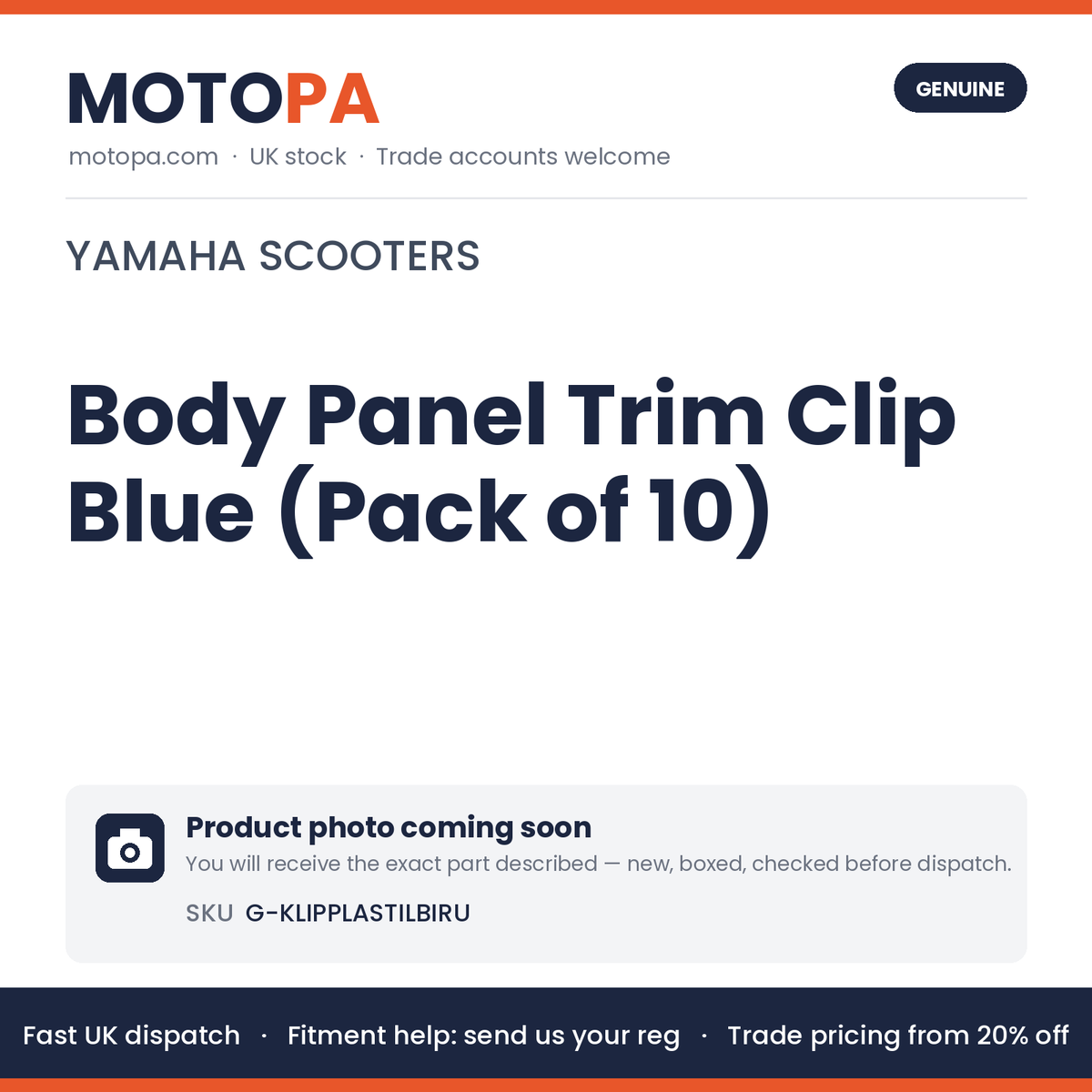 Genuine Yamaha Body Panel Trim Clip Blue (Pack of 10) | SKU G-KLIPPLASTILBIRU | photo coming soon