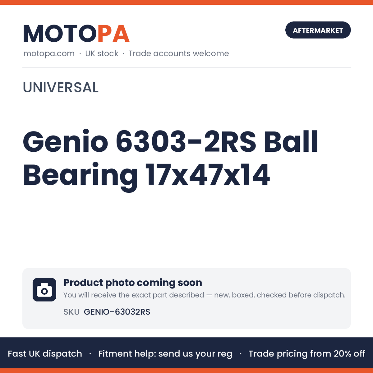 Genio 6303-2RS Ball Bearing 17x47x14 GENIO-63032RS | SKU GENIO-63032RS | photo coming soon
