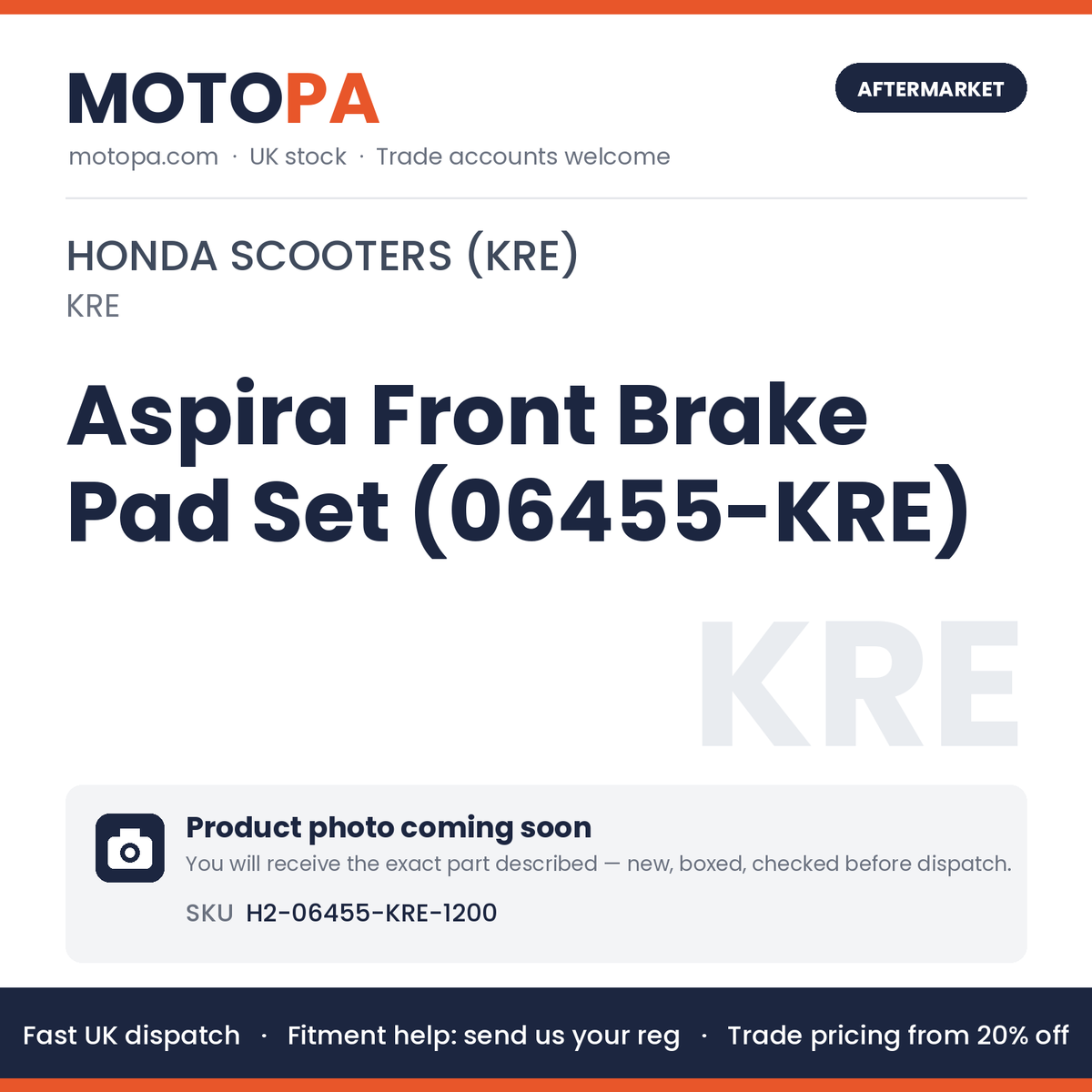 Aspira Front Brake Pad Set (06455-KRE) H2-06455-KRE-1200 | SKU H2-06455-KRE-1200 | photo coming soon