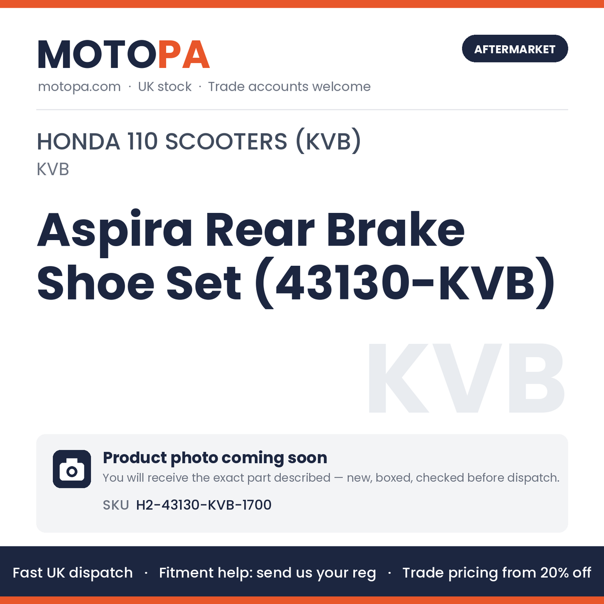 Aspira Rear Brake Shoe Set (43130-KVB) H2-43130-KVB-1700 | SKU H2-43130-KVB-1700 | photo coming soon