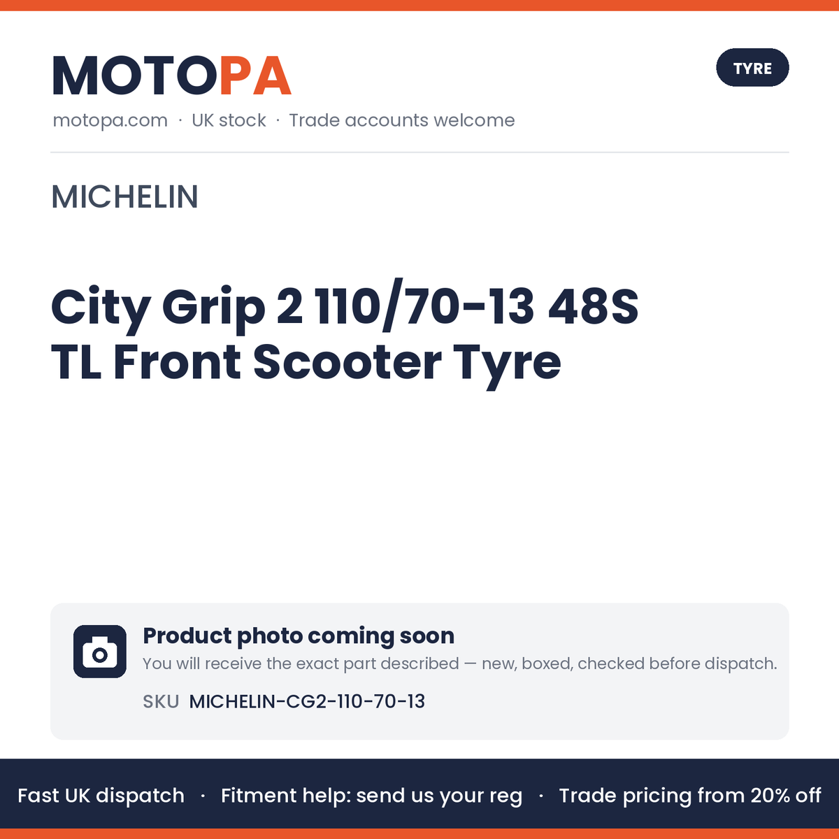 Michelin City Grip 2 110/70-13 48S TL Front Scooter Tyre – NMAX 125 | photo coming soon