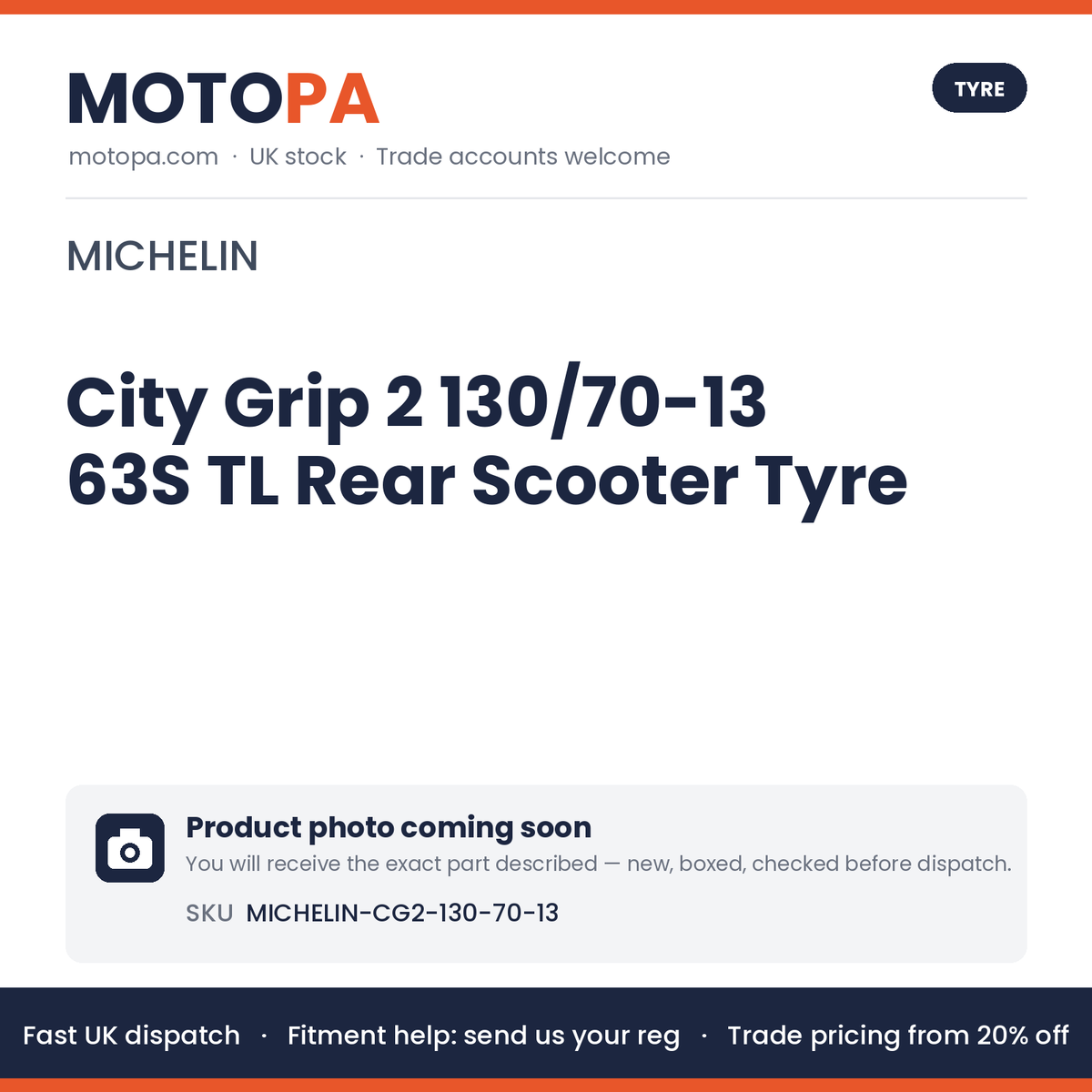 Michelin City Grip 2 130/70-13 63S TL Rear Scooter Tyre – NMAX 125, PCX 125 2021+ | photo coming soon