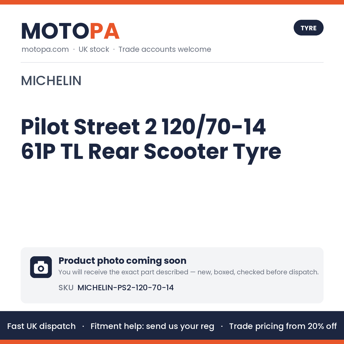 Michelin Pilot Street 2 120/70-14 61P TL Rear Scooter Tyre – PCX 125 2018–2020 | photo coming soon
