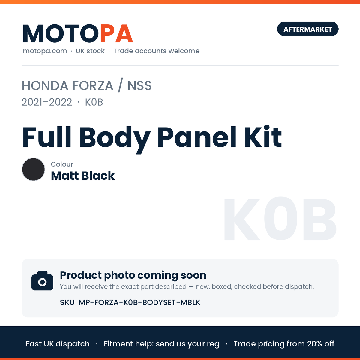 Honda Forza / NSS 2021-2022 Full Body Panel Kit (K0B) – Matt Black | SKU MP-FORZA-K0B-BODYSET-MBLK | photo coming soon