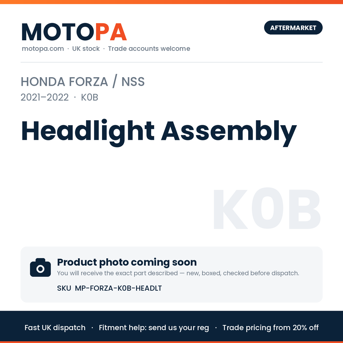 Honda Forza / NSS 2021-2022 Headlight Assembly (K0B) | SKU MP-FORZA-K0B-HEADLT | photo coming soon