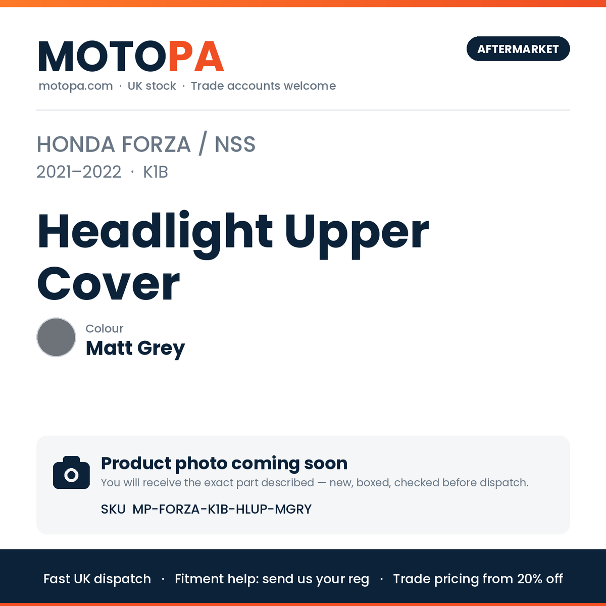 Honda Forza / NSS 2021-2022 Headlight Upper Cover – Matt Grey | SKU MP-FORZA-K1B-HLUP-MGRY | photo coming soon