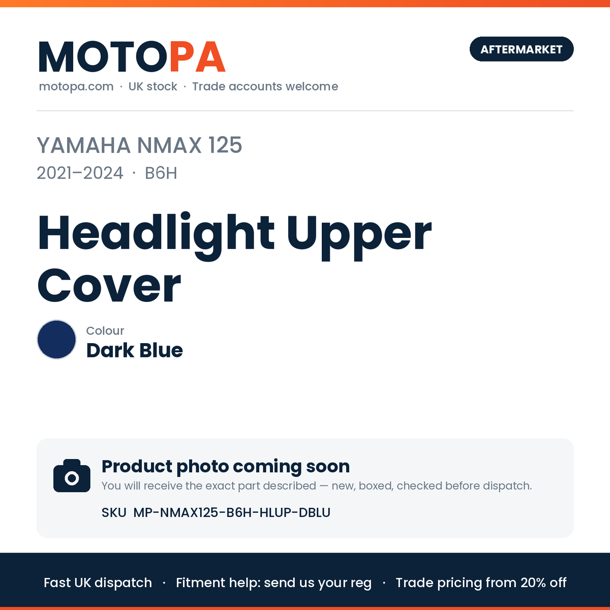 Yamaha NMAX 125 2021-2024 Headlight Upper Cover – Dark Blue | SKU MP-NMAX125-B6H-HLUP-DBLU | photo coming soon