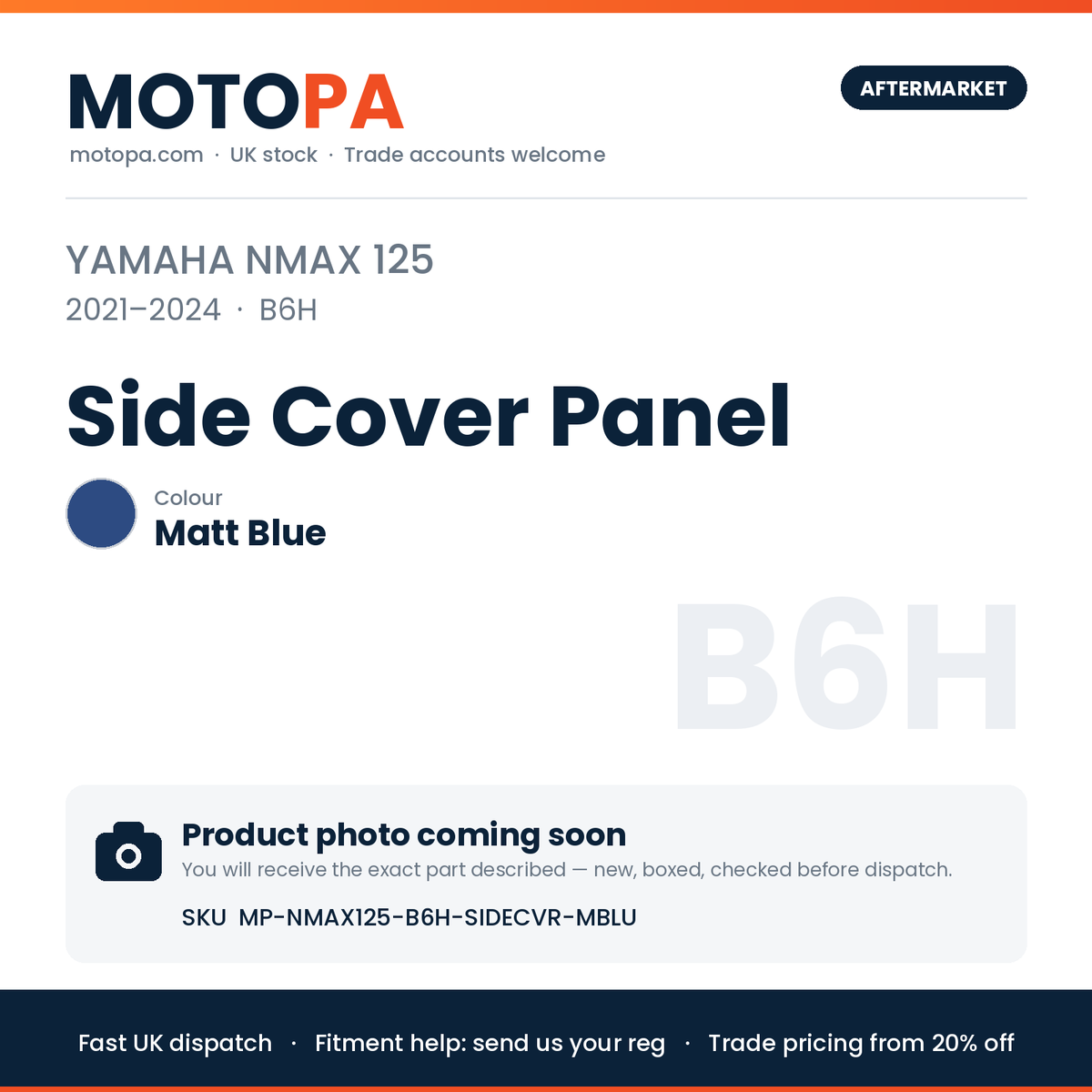 Yamaha NMAX 125 2021-2024 Side Cover Panel – Matt Blue | SKU MP-NMAX125-B6H-SIDECVR-MBLU | photo coming soon
