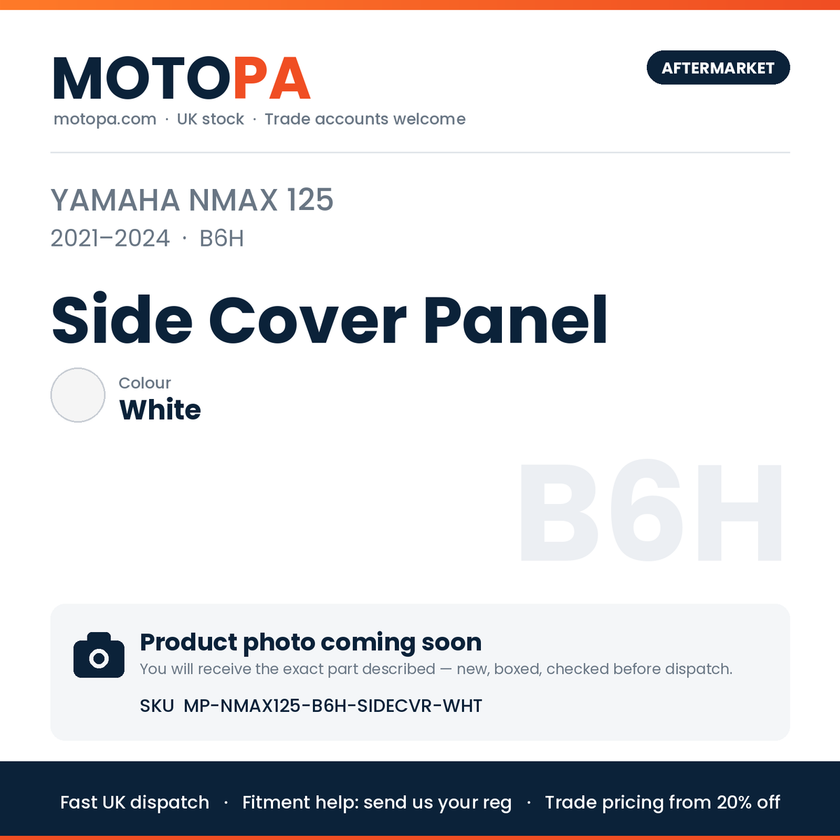 Yamaha NMAX 125 2021-2024 Side Cover Panel – White | SKU MP-NMAX125-B6H-SIDECVR-WHT | photo coming soon