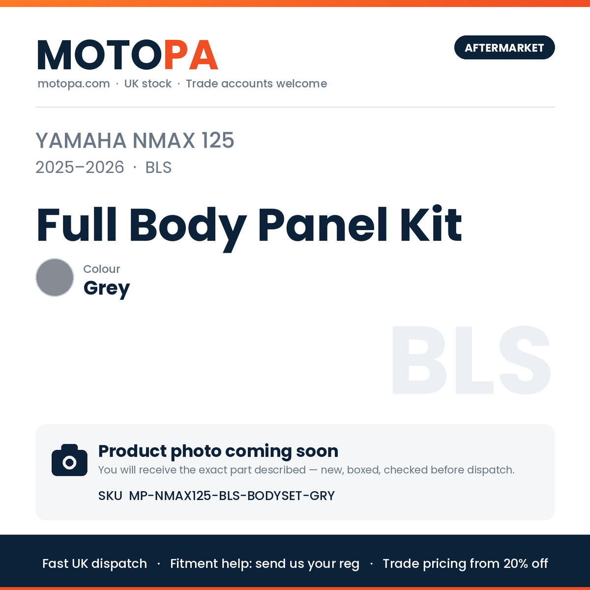 Yamaha NMAX 125 2025-2026 Full Body Panel Kit – Grey | SKU MP-NMAX125-BLS-BODYSET-GRY | photo coming soon