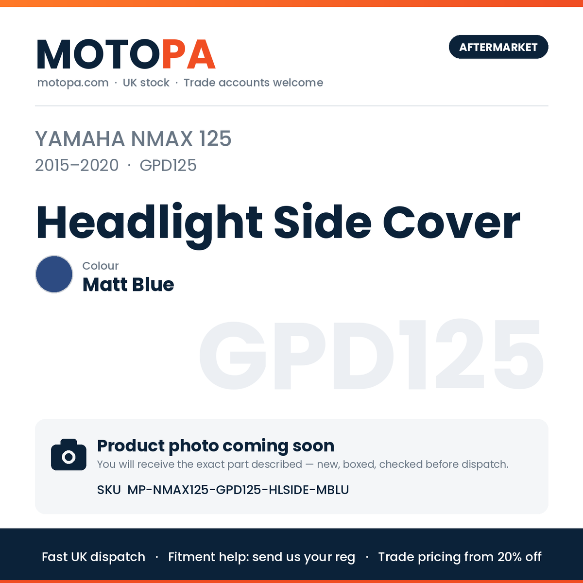Yamaha NMAX 125 2015-2020 Headlight Side Cover – Matt Blue | SKU MP-NMAX125-GPD125-HLSIDE-MBLU | photo coming soon