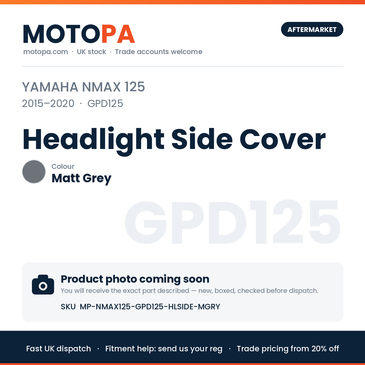 Yamaha NMAX 125 2015-2020 Headlight Side Cover – Matt Grey | SKU MP-NMAX125-GPD125-HLSIDE-MGRY | photo coming soon