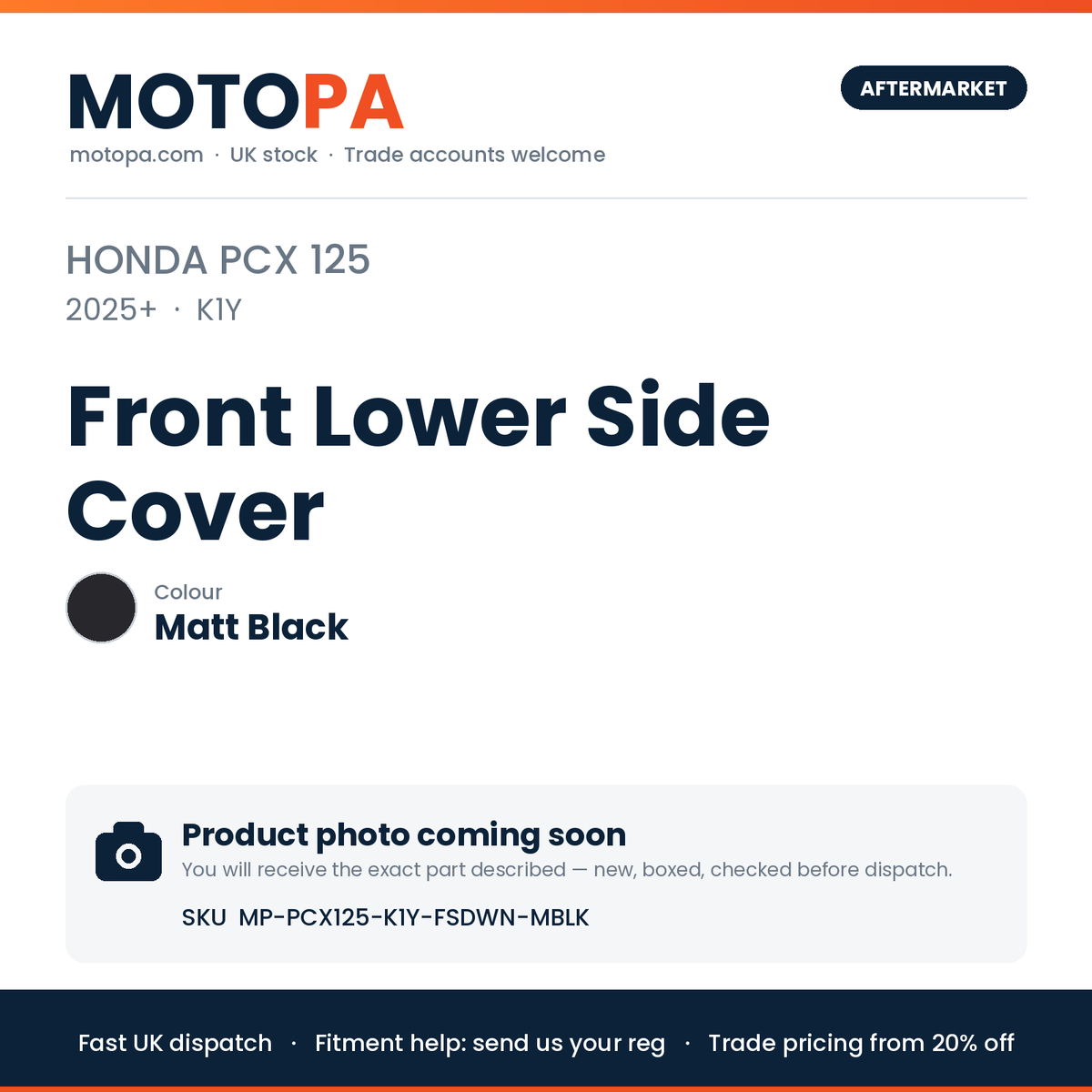 Honda PCX 125 2025+ Front Lower Side Cover – Matt Black | SKU MP-PCX125-K1Y-FSDWN-MBLK | photo coming soon