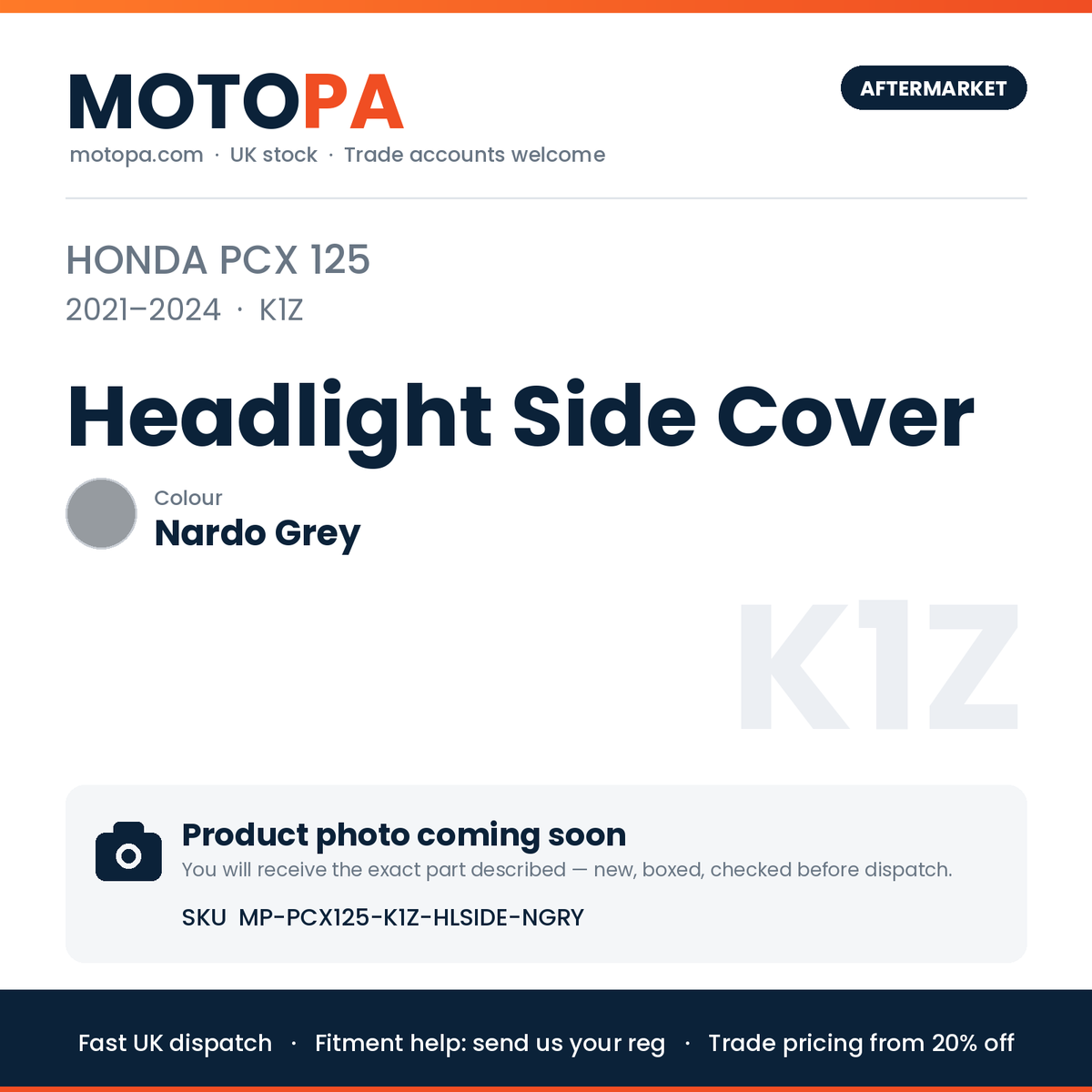 Honda PCX 125 2021-2024 Headlight Side Cover – Nardo Grey | SKU MP-PCX125-K1Z-HLSIDE-NGRY | photo coming soon
