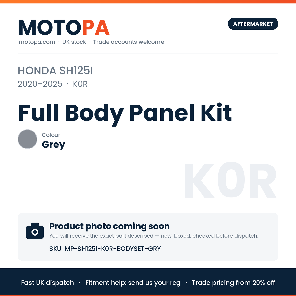 Honda SH125i 2020-2025 Full Body Panel Kit – Grey | SKU MP-SH125I-K0R-BODYSET-GRY | photo coming soon