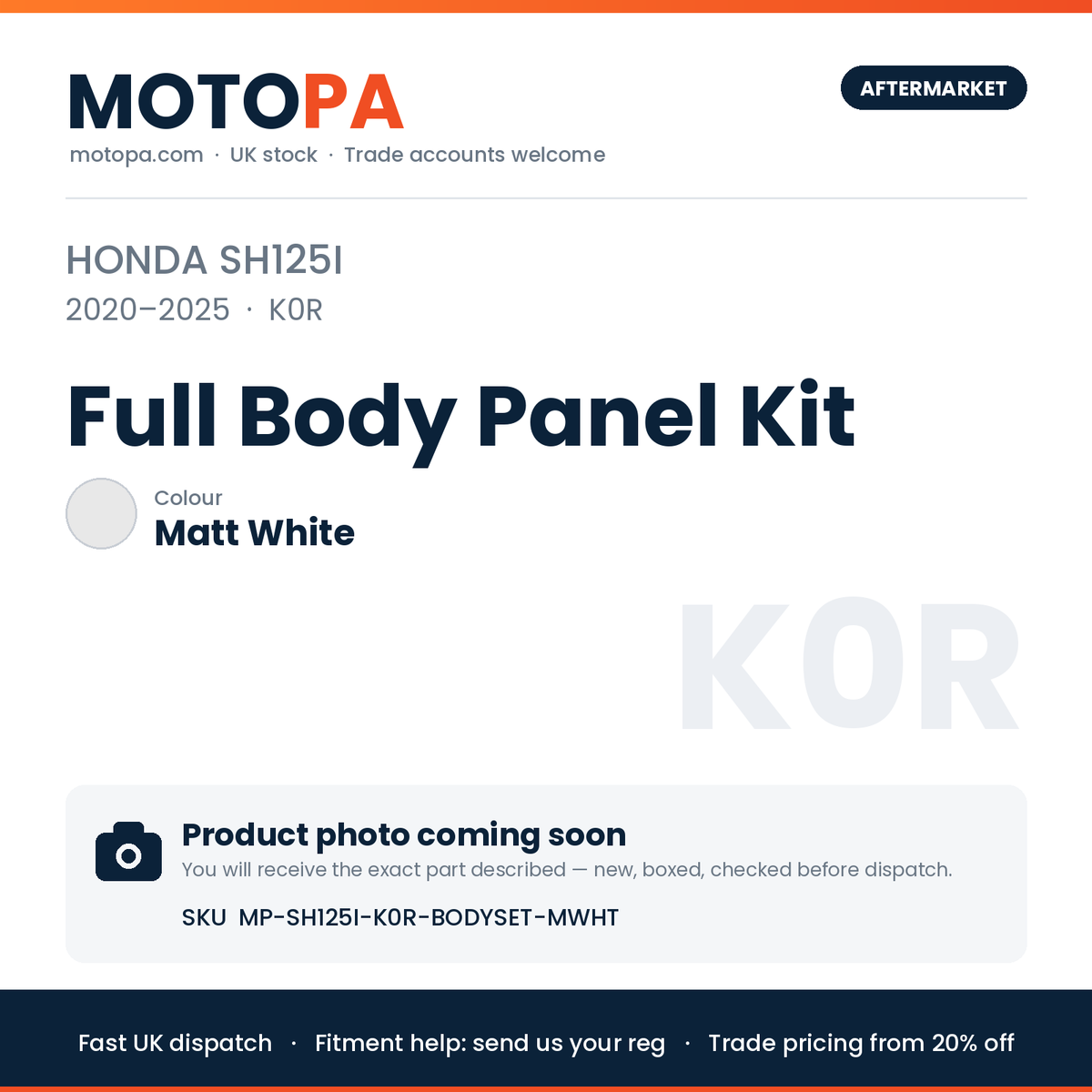 Honda SH125i 2020-2025 Full Body Panel Kit – Matt White | SKU MP-SH125I-K0R-BODYSET-MWHT | photo coming soon