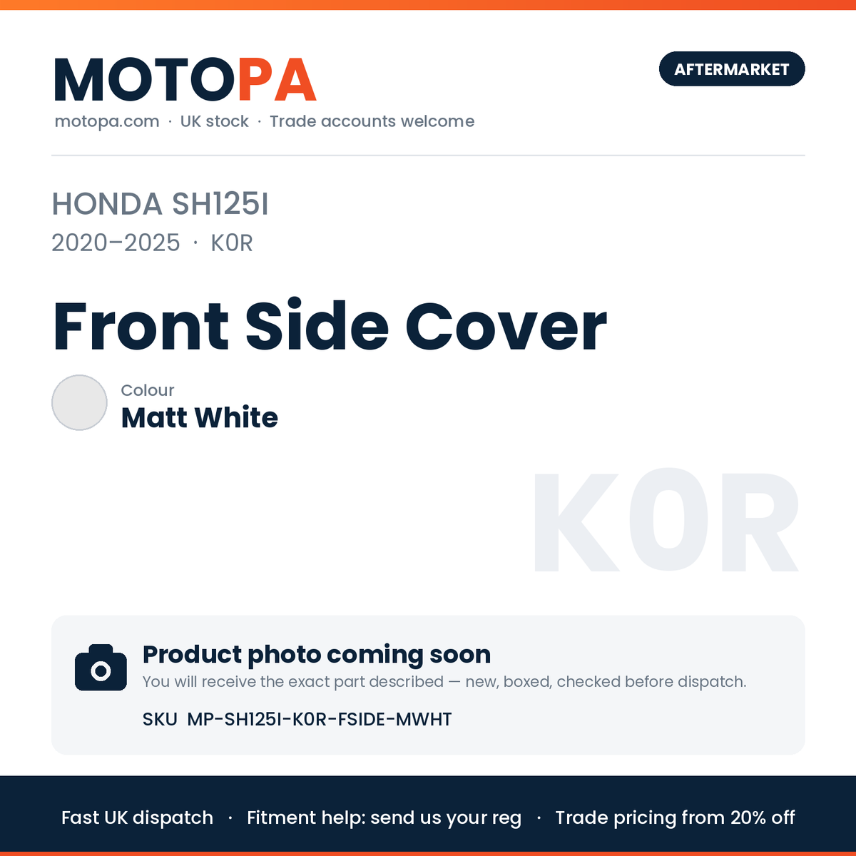 Honda SH125i 2020-2025 Front Side Cover – Matt White | SKU MP-SH125I-K0R-FSIDE-MWHT | photo coming soon