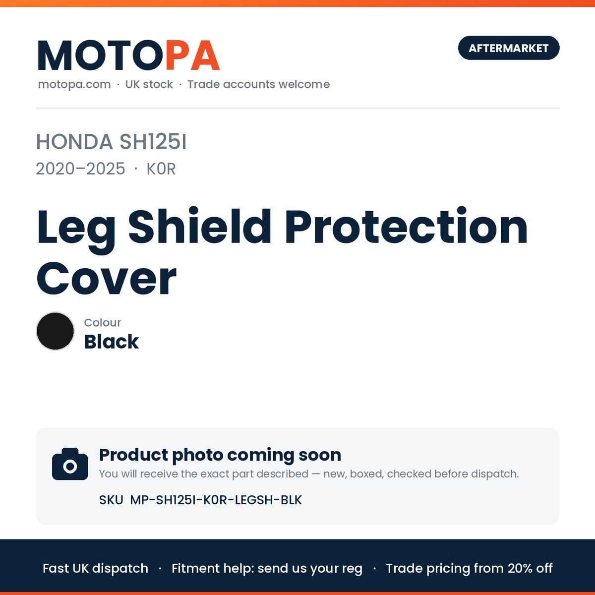 Honda SH125i 2020-2025 Leg Shield Protection Cover – Black | SKU MP-SH125I-K0R-LEGSH-BLK | photo coming soon