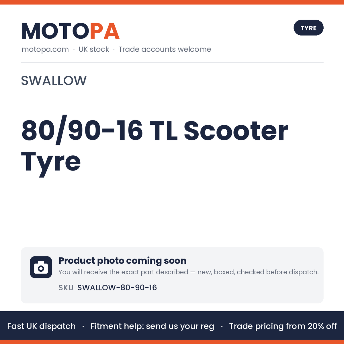 Swallow 80/90-16 TL Scooter Tyre | photo coming soon