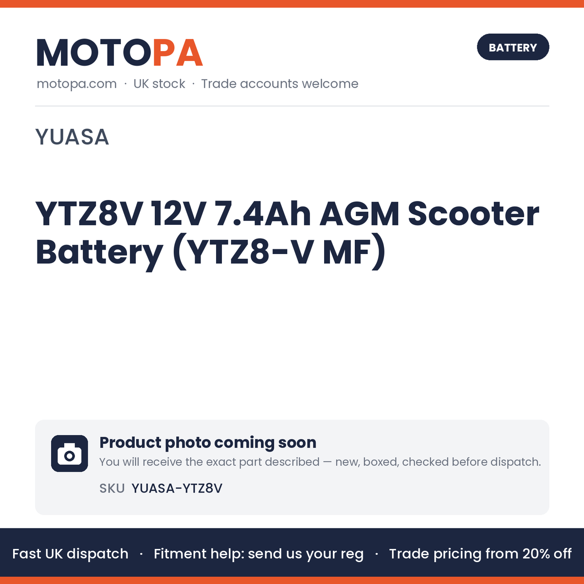 Yuasa YTZ8V 12V 7.4Ah AGM Scooter Battery (YTZ8-V MF) – PCX 125 2018+, SH125i, Forza, XMAX | photo coming soon