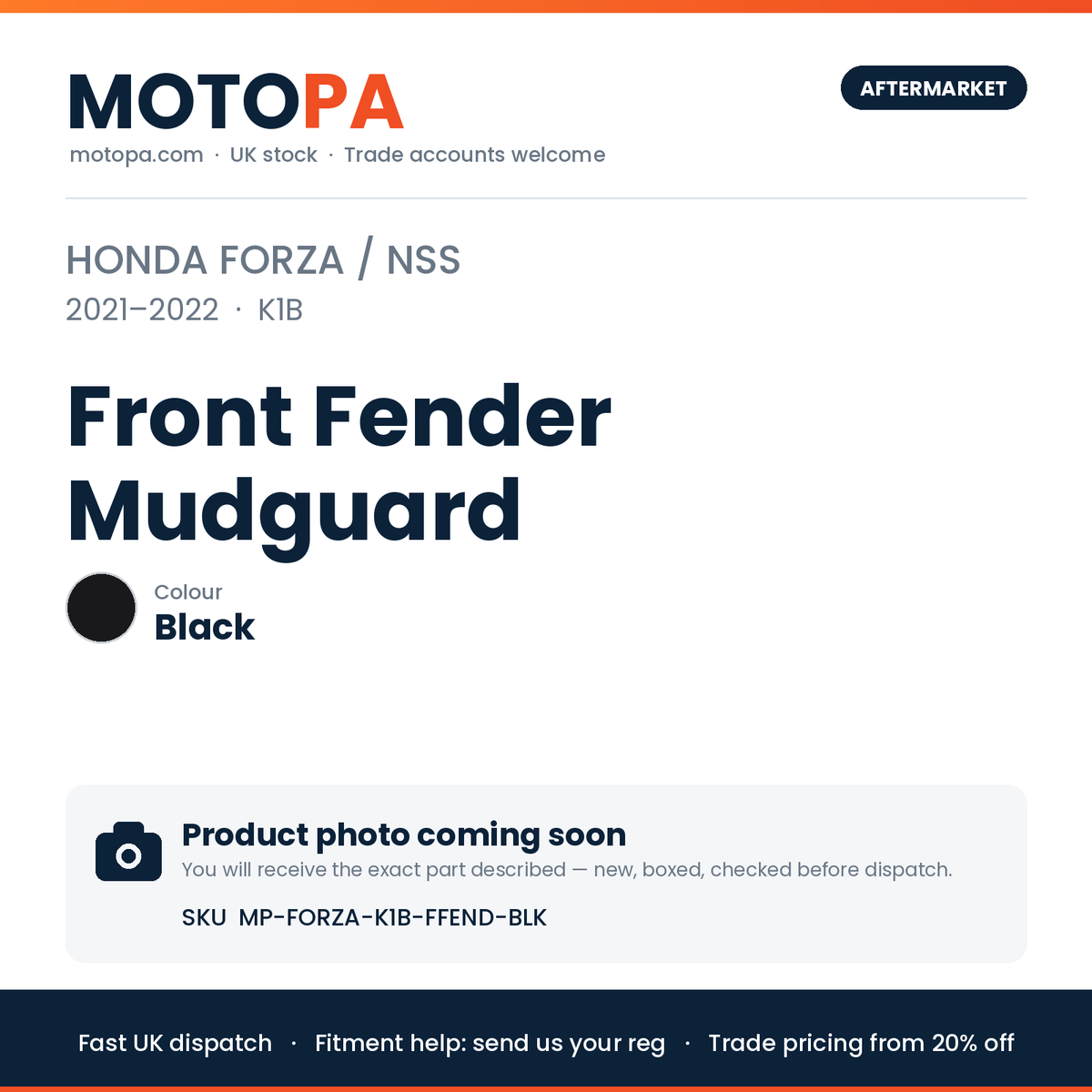 Honda Forza / NSS 2021-2022 Front Fender Mudguard (K1B) – Black (product photo coming soon)