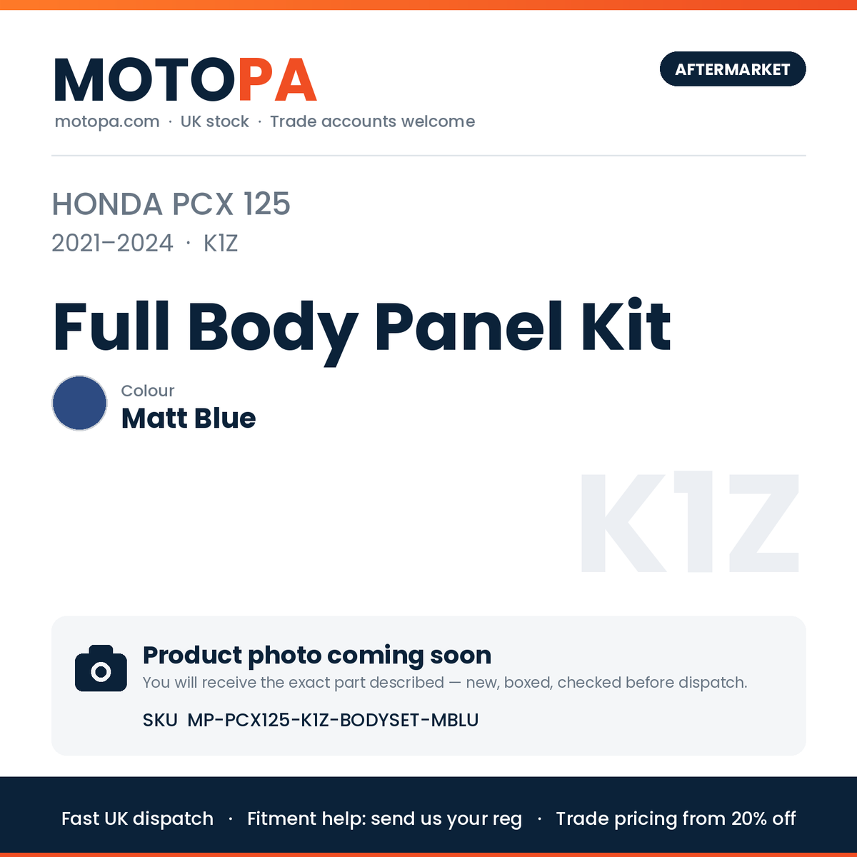 Honda PCX 125 2021-2024 Full Body Panel Kit – Matt Blue (product photo coming soon)