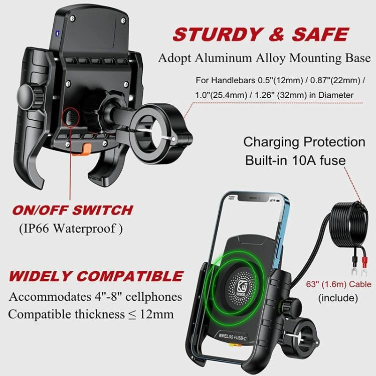 KWG-M9 15W Qi Wireless Charger Aluminum Alloy Motorcycle Phone Mount